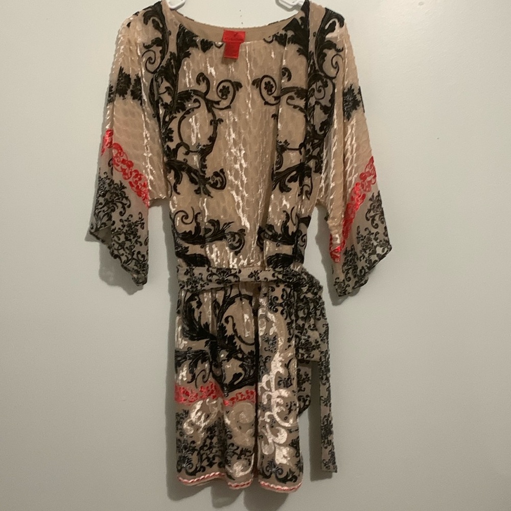 Vintage Burnout Beige Sheer Dress with Black and Red Velvet Accents tie waist